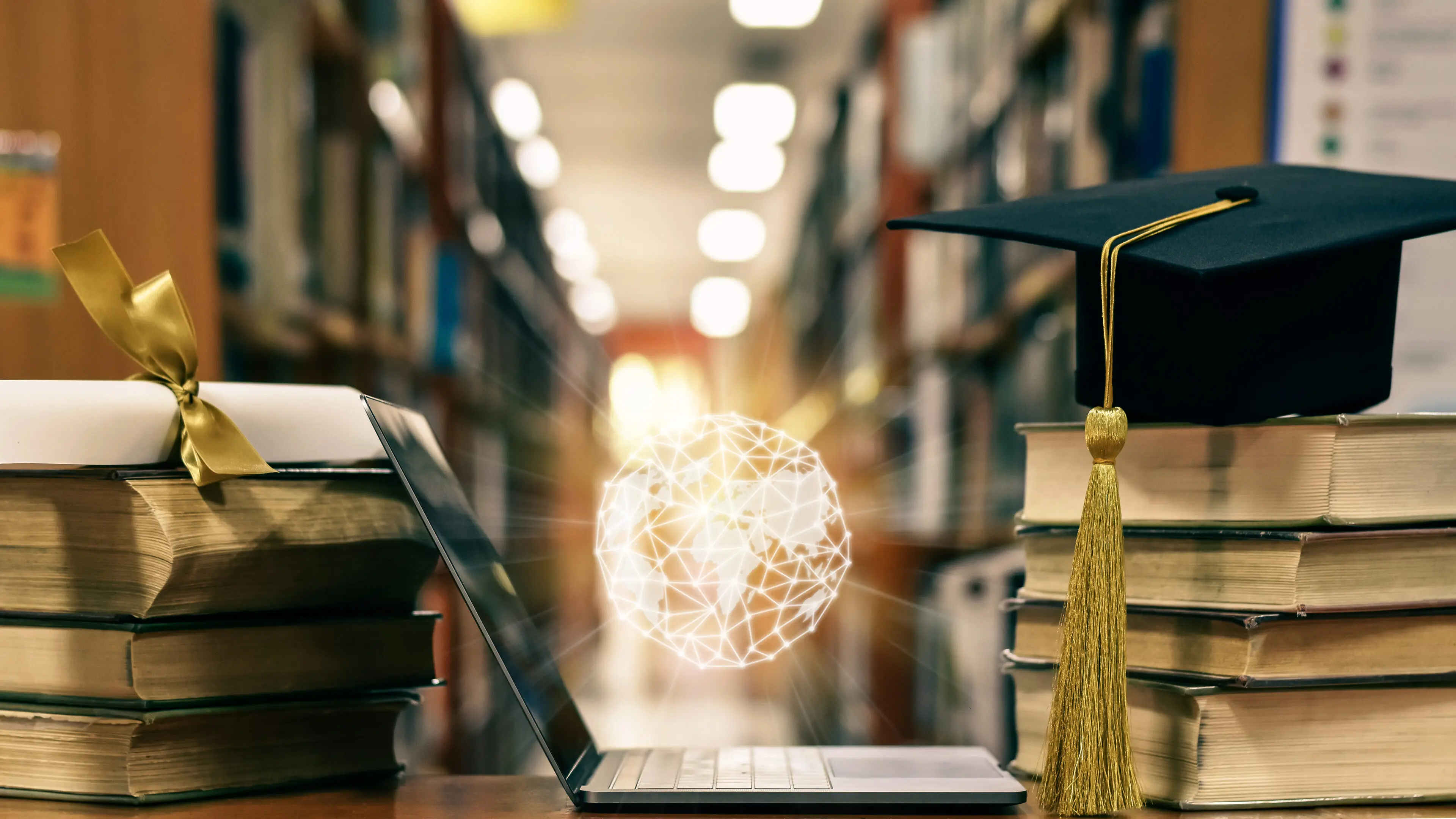 A digital brain hologram hovers over an open laptop in a library.
