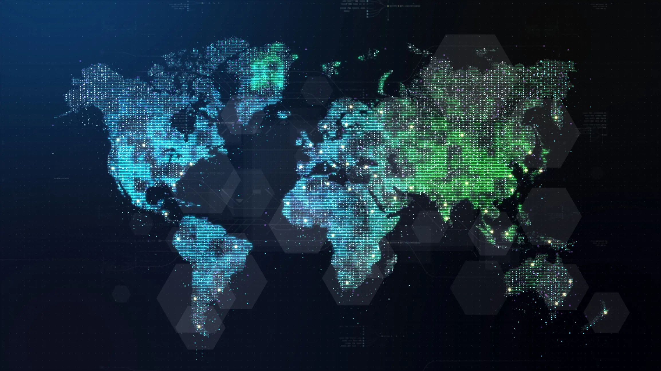 A digital world map with glowing blue and green data points.