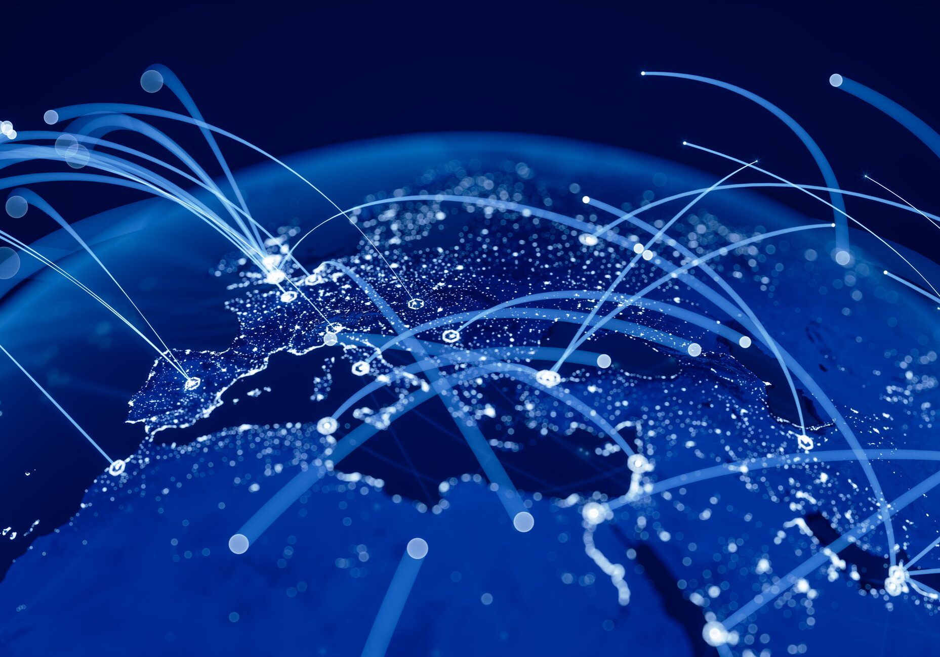 Digital network connections across a glowing world map.